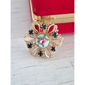 Vintage Gold-tone Guilloché Enamel Rose and Rhinestone Floral-shaped Brooch